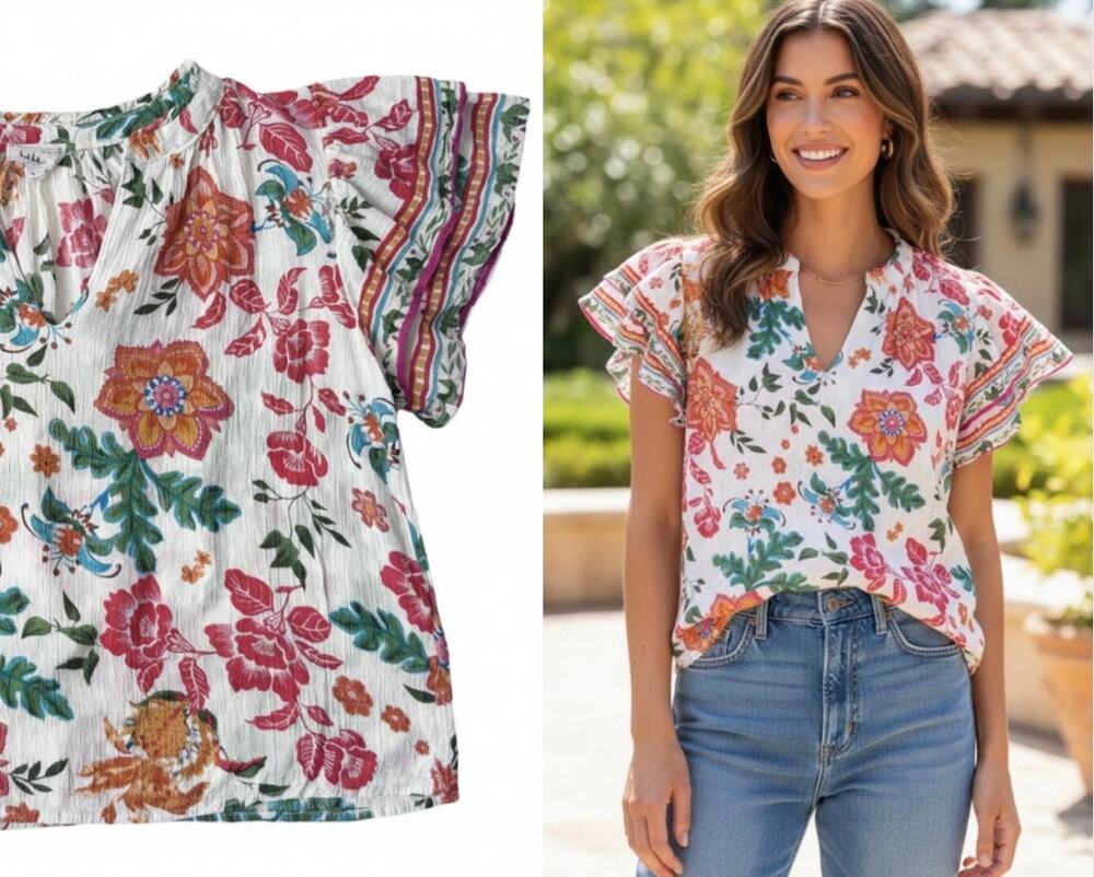 Nicole Miller Artelier Floral Flutter Blouse Large Boho Cottagecore Pastel Silk